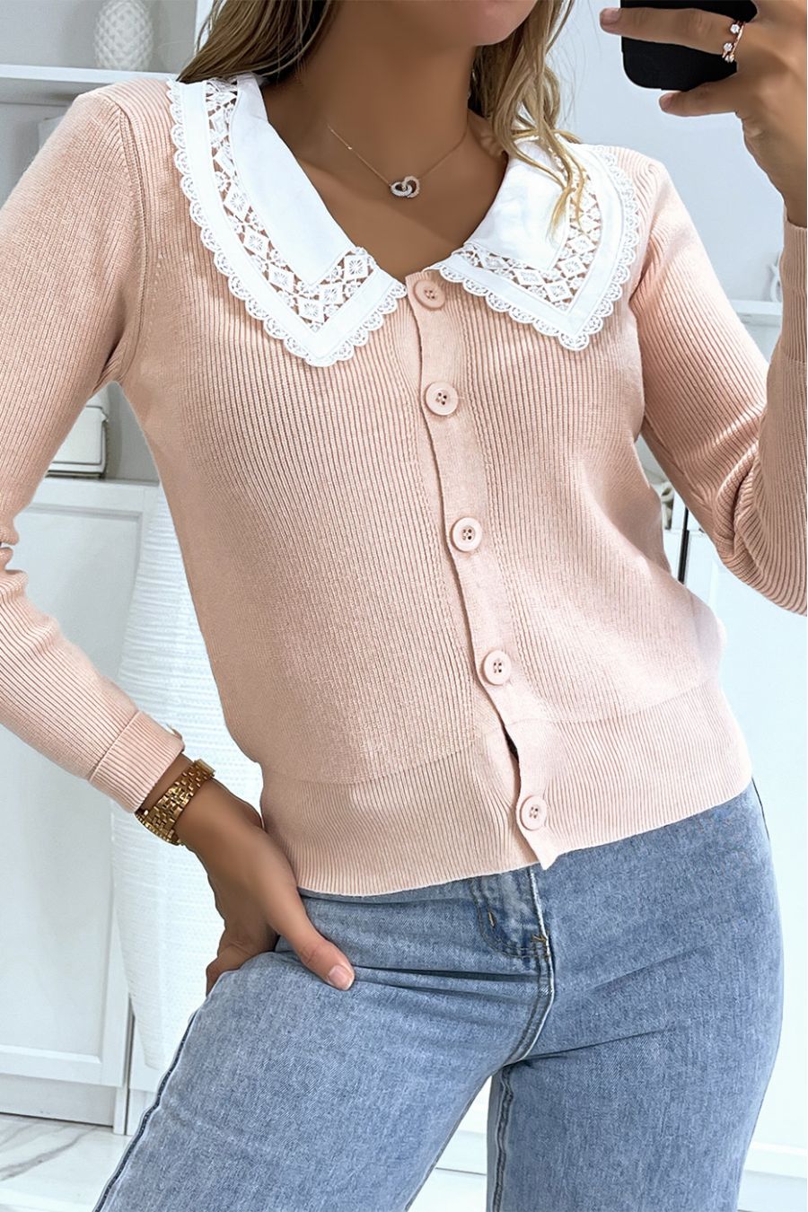 Pink cardigan with Peter Pan collar - 3