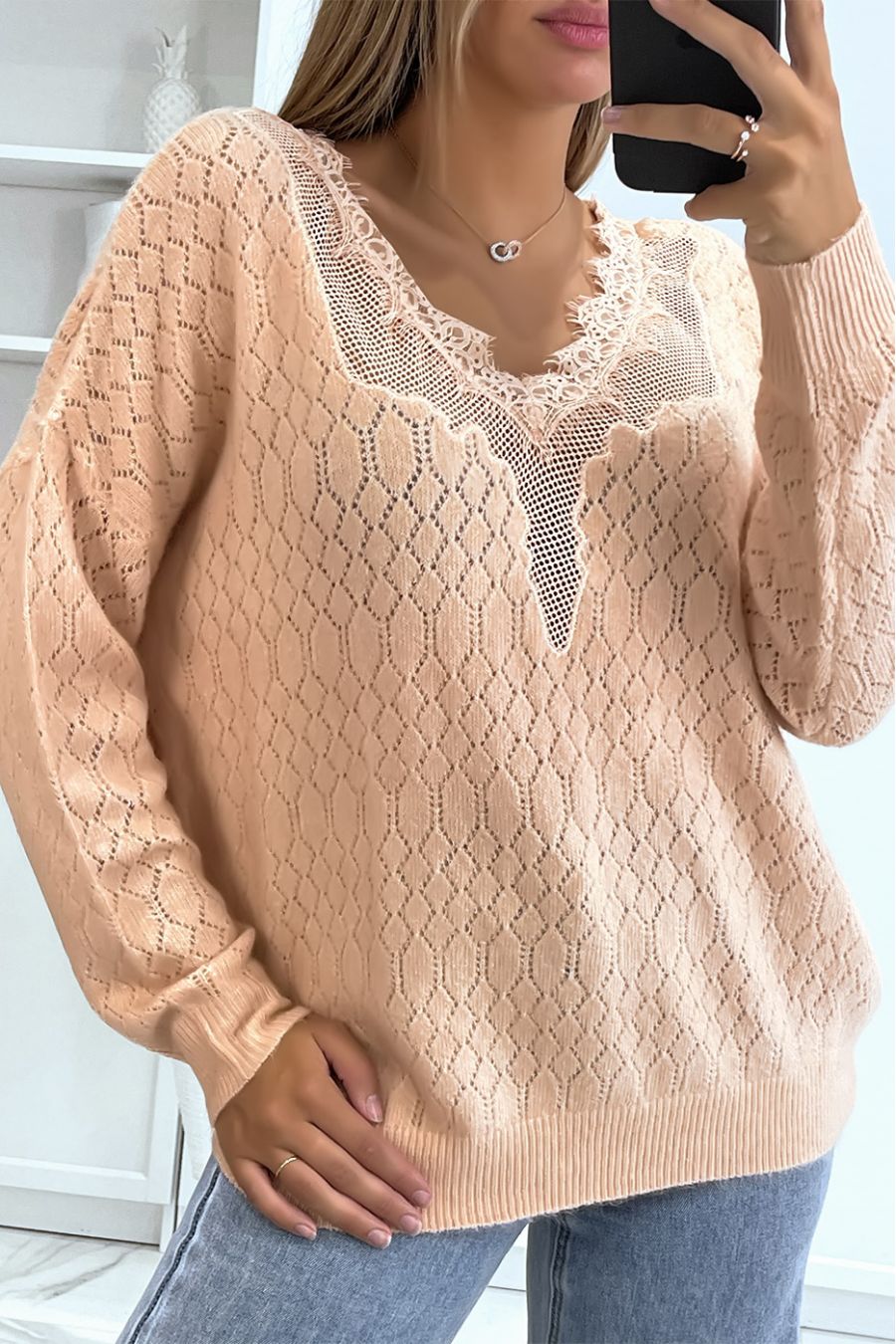 Pull rose tombant et très doux avec joli motif en dentelle au buste - 1