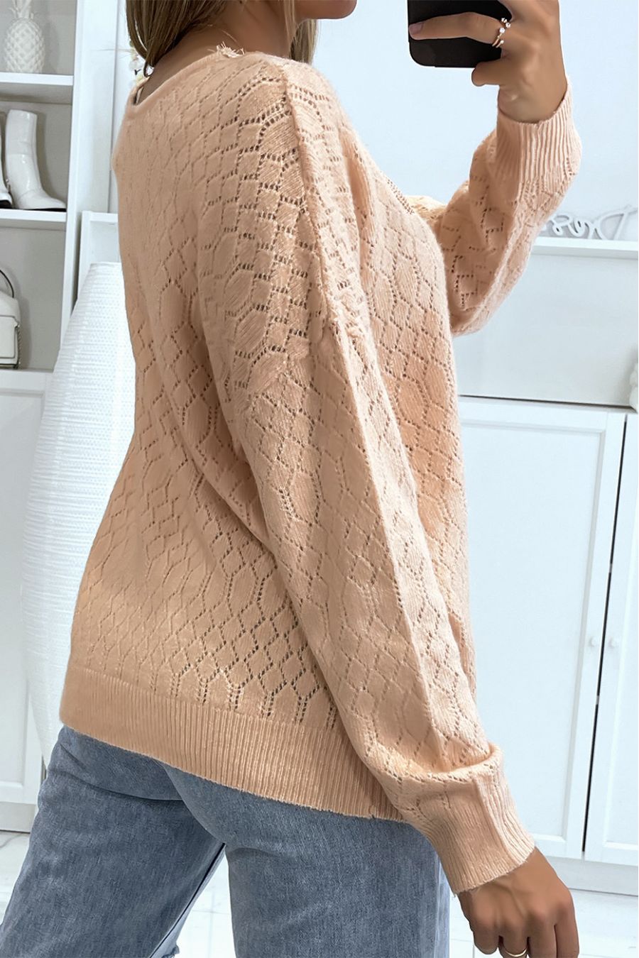 Pull rose tombant et très doux avec joli motif en dentelle au buste - 3
