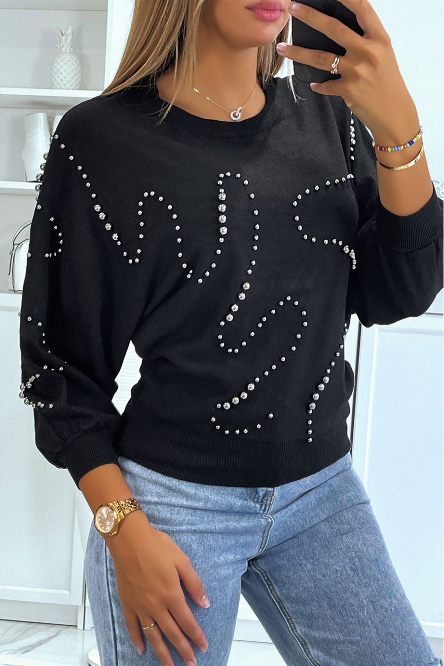 Fluid black studded sweater with batwing sleeves - 2