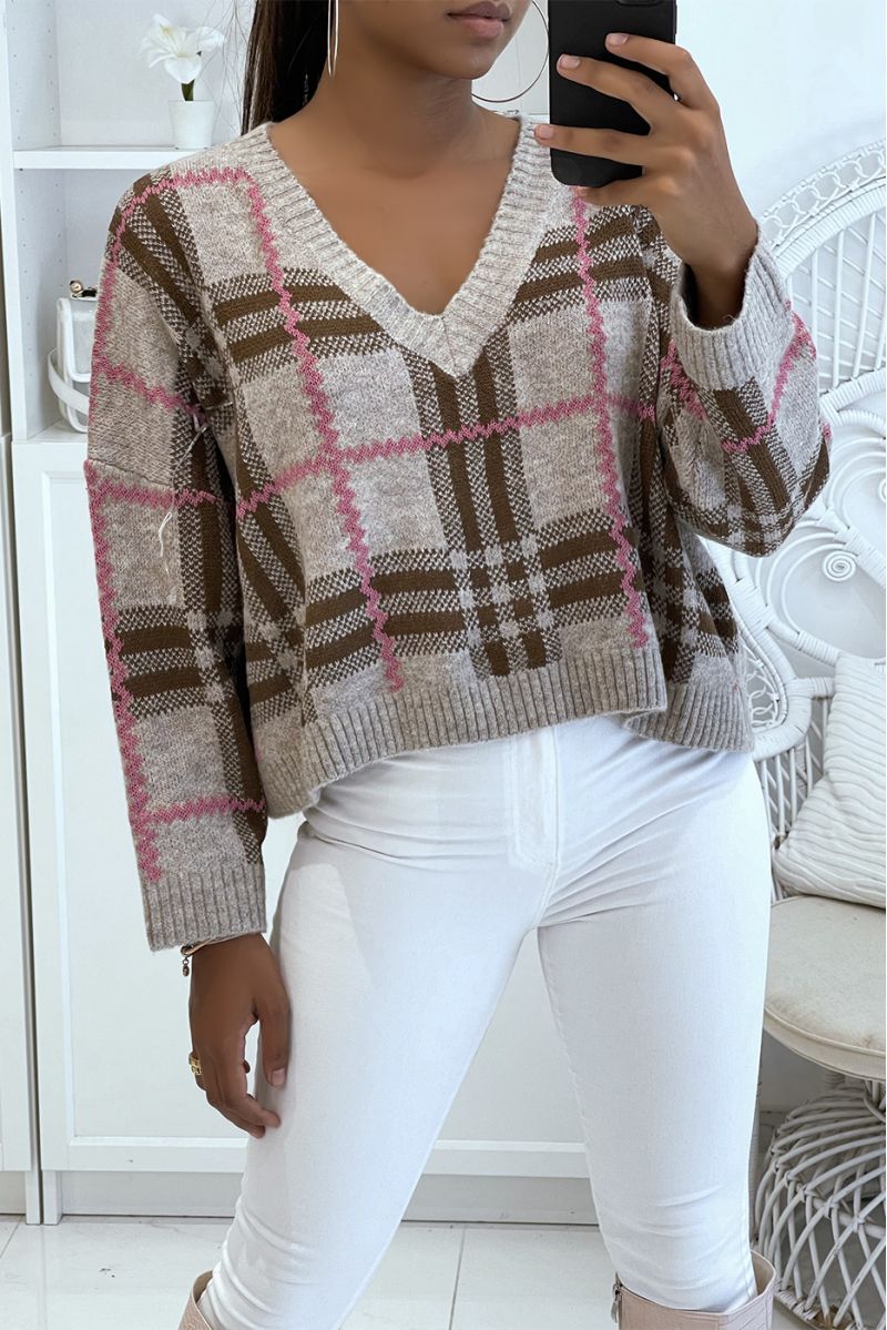 Pull col V taupe à carreaux rose - 3