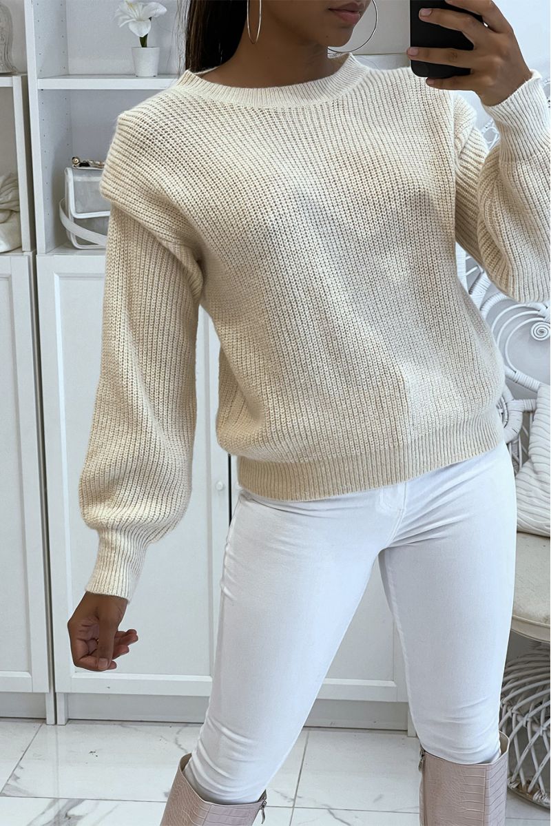 Blue chunky knit jumper with shoulder pad effect and puff sleeves - 3