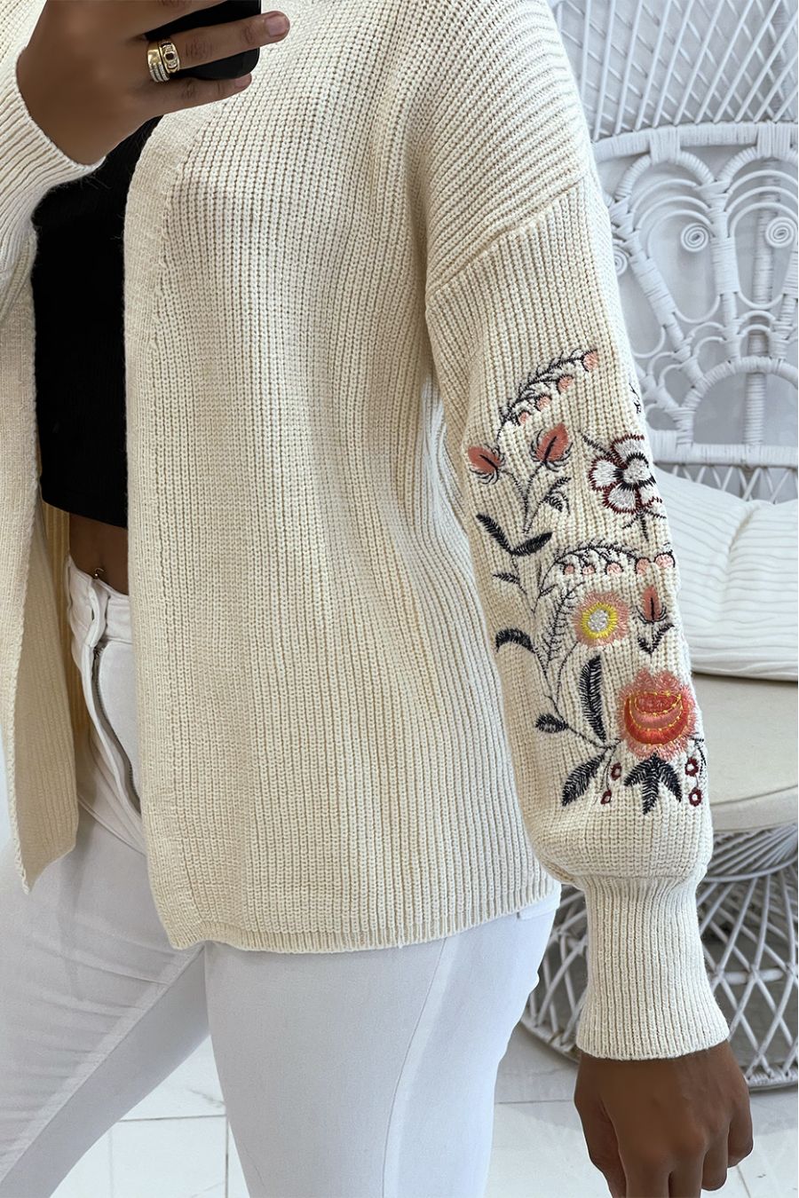 Heel lang beige open beige vest met capuchon - 1