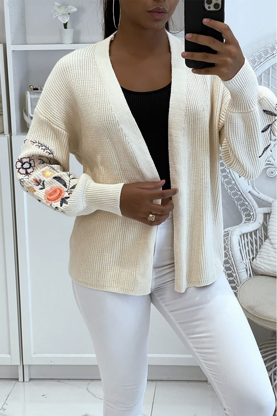 Very long beige open beige vest with hood - 5