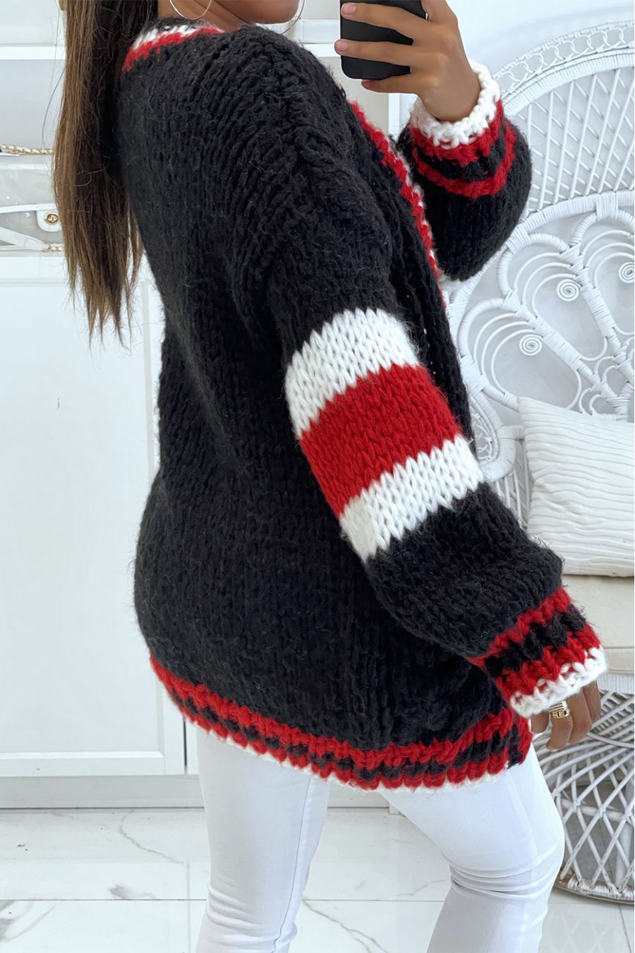 Gilet épais en grosse maille noir avec bandes  - 1