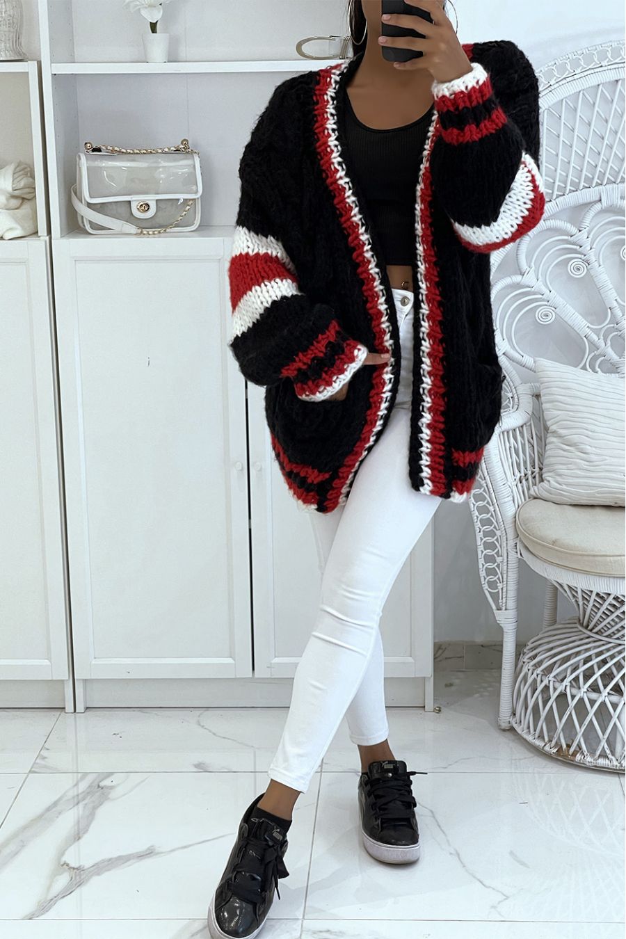 Gilet épais en grosse maille noir avec bandes  - 2