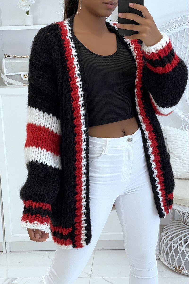 Gilet épais en grosse maille noir avec bandes  - 3