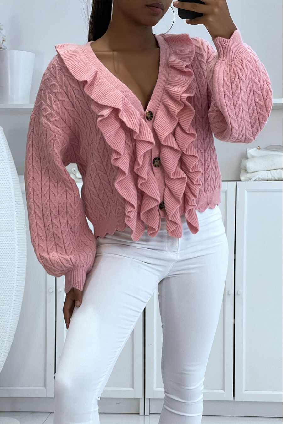 Gilet fuchsia épais avec volants très chic - 5