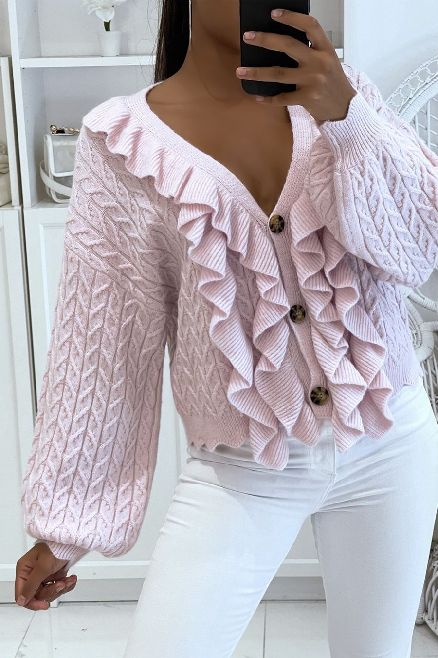 Gilet rose épais avec volants très chic - 3
