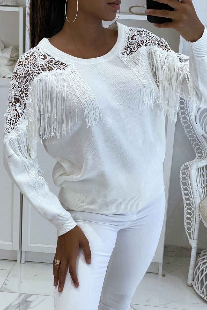 Taupe sweater with lace and fringes - 1