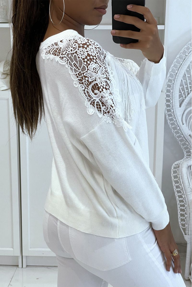 Taupe sweater with lace and fringes - 3