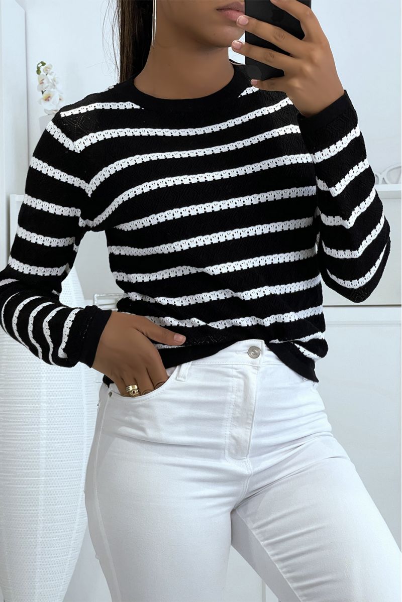 Very soft mid-length ecru sweater with high neck and hyper chic black stripe - 1