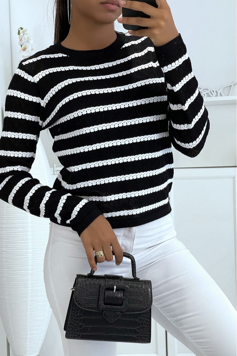 Pull noir marinière légèrement ajouré coupe classique - 3