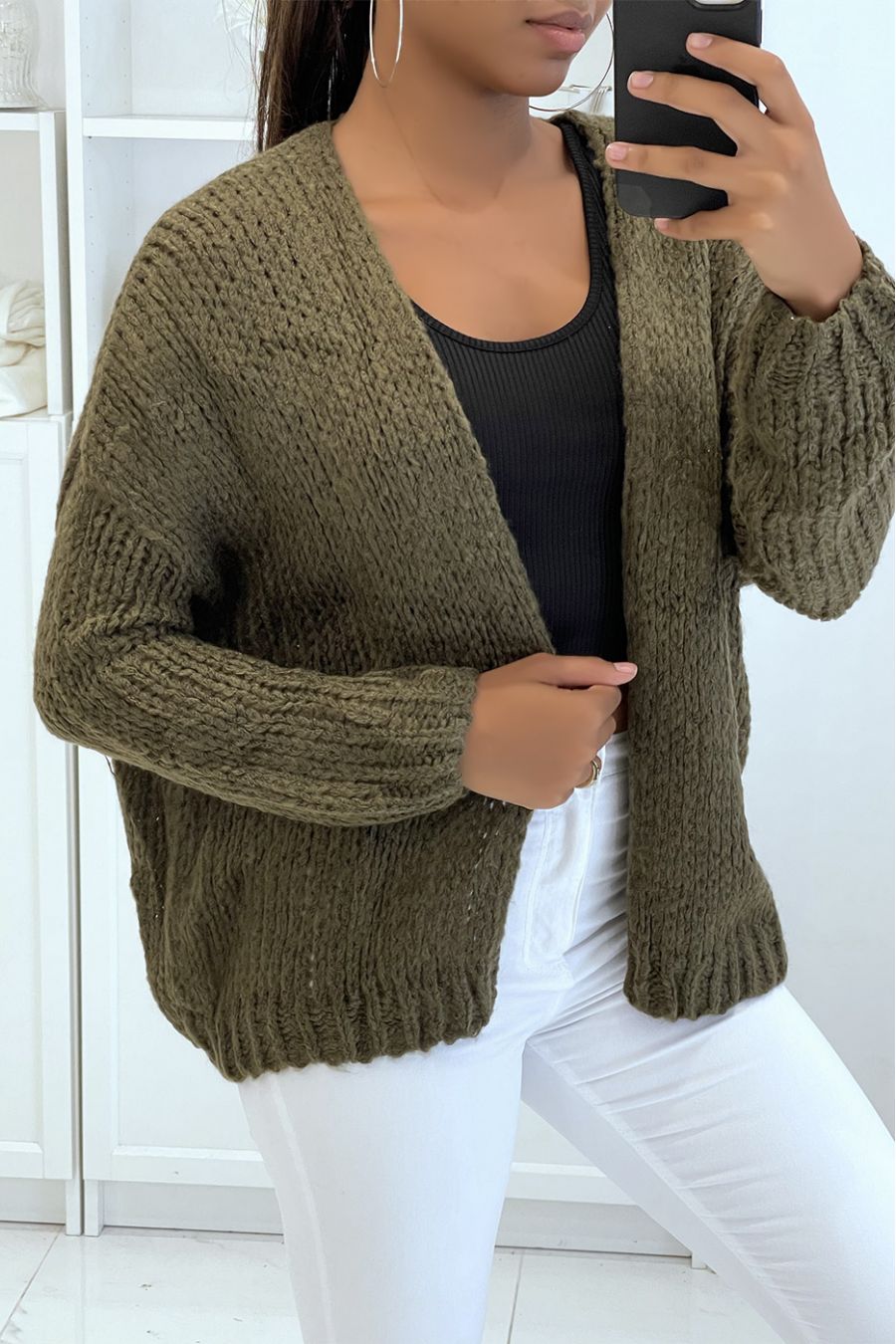 Gilet ouvert en grosse maille kaki  - 1