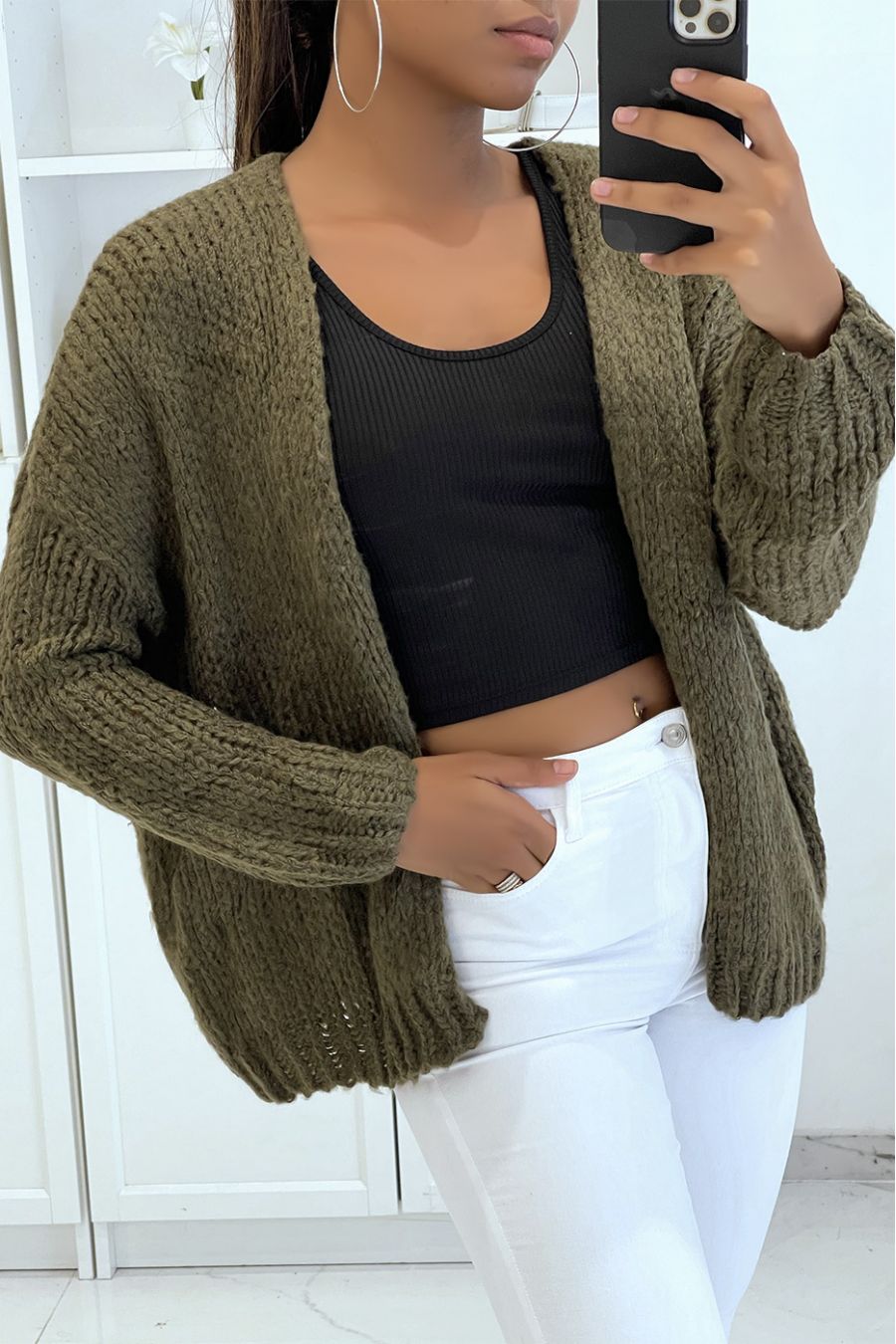 Warm powder pink wrap-over top in chunky knit with puffed sleeves - 2