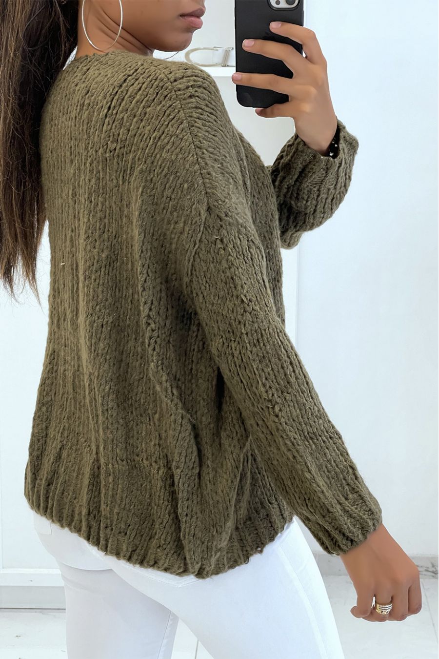 Warm powder pink wrap-over top in chunky knit with puffed sleeves - 3