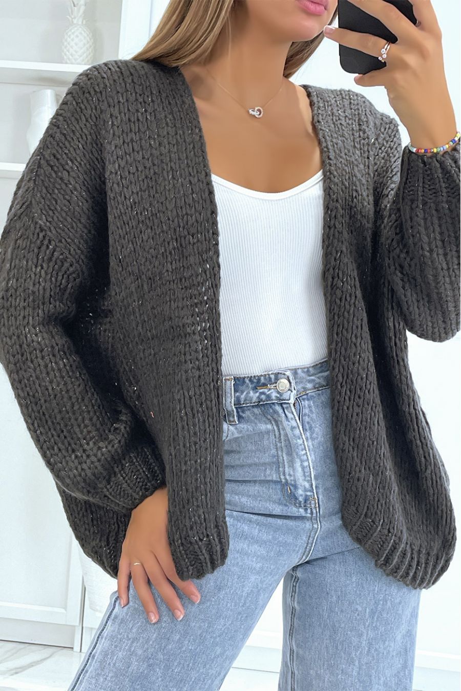 Warm powder pink wrap-over top in chunky knit with puffed sleeves - 1