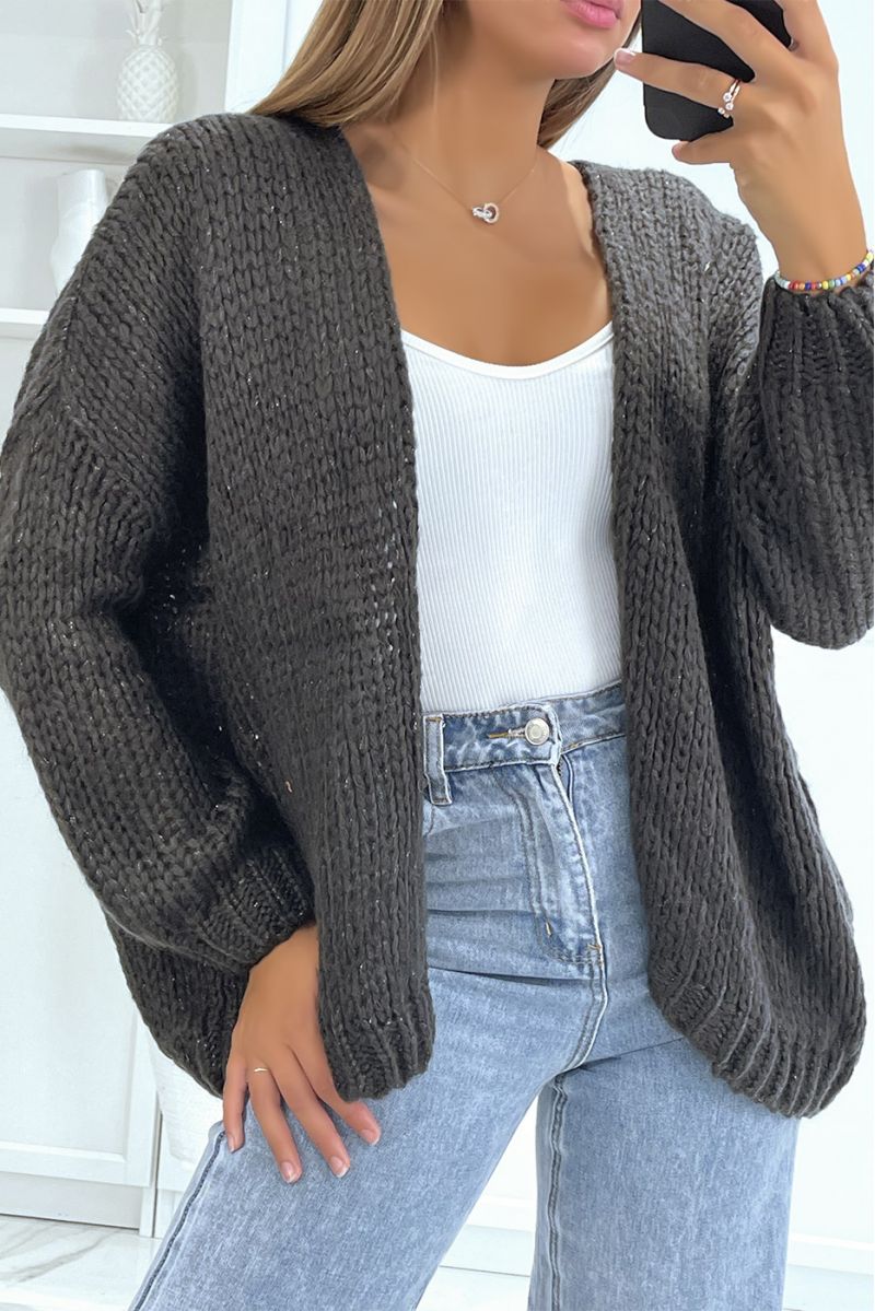 Warm powder pink wrap-over top in chunky knit with puffed sleeves - 1