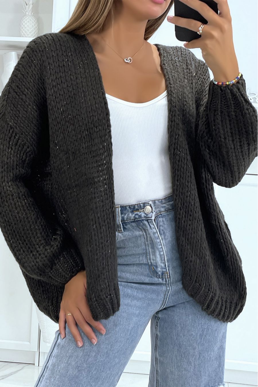 Warm powder pink wrap-over top in chunky knit with puffed sleeves - 2