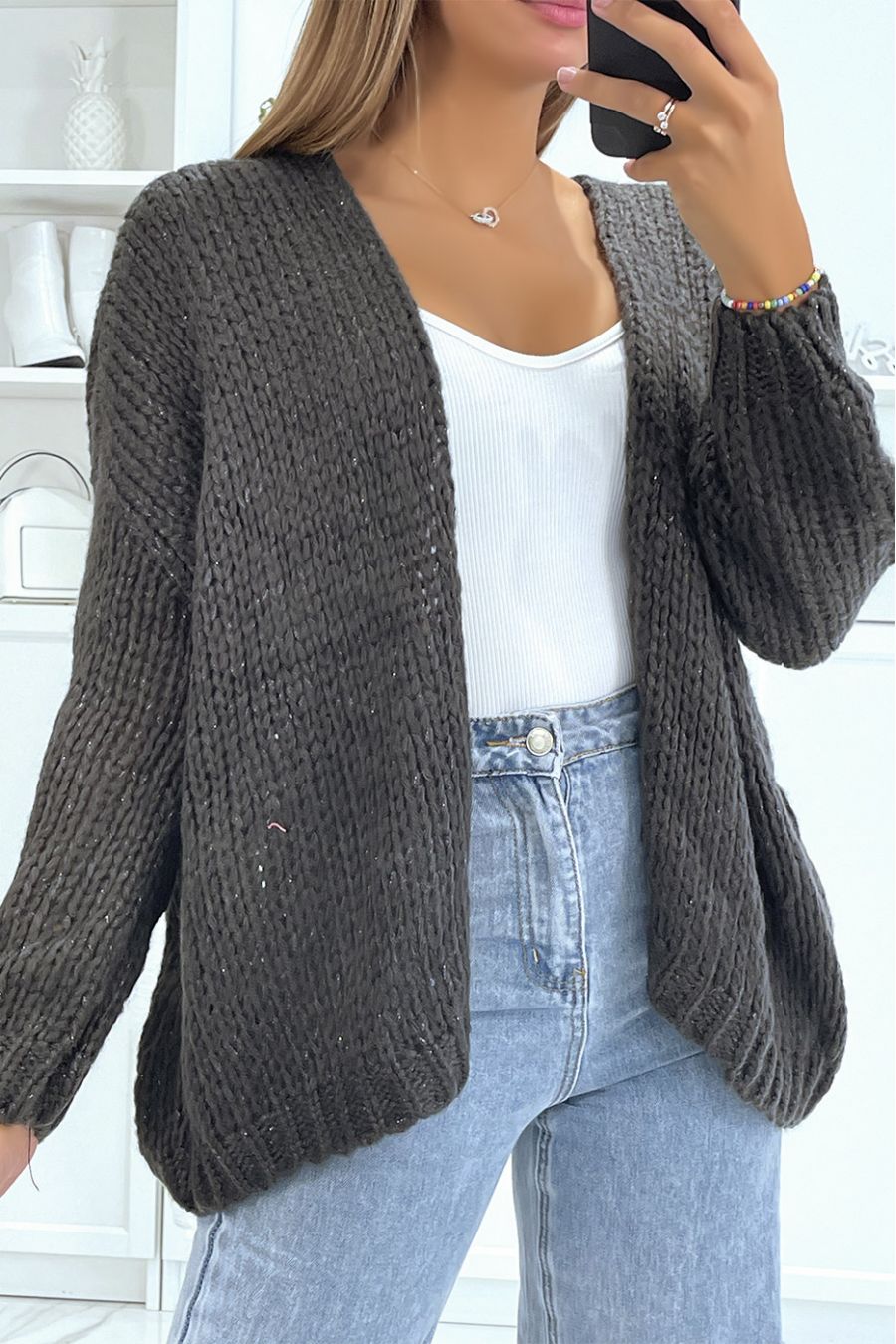 Gilet ouvert en grosse maille anthracite  - 4