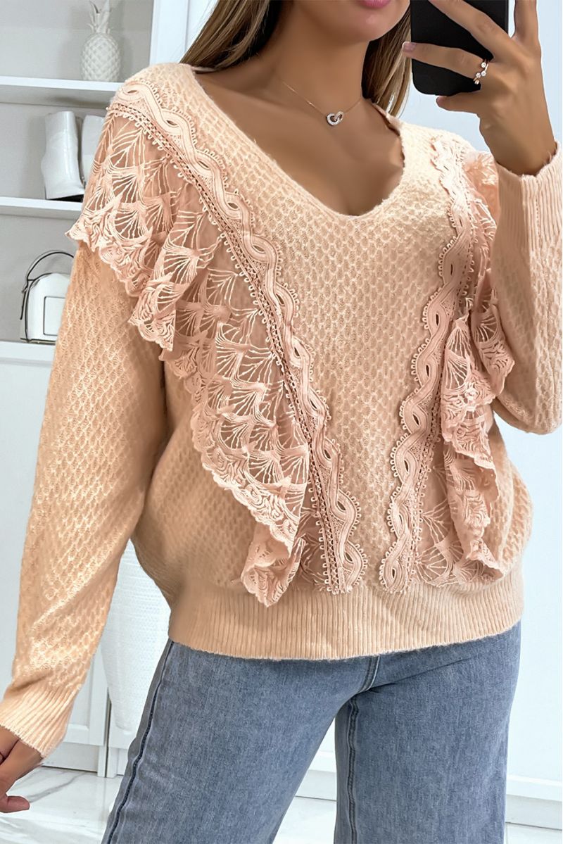 White V-neck sweater with openwork and cable details - 1