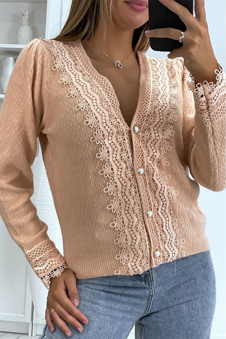 Gilet chic rose à boutons perle et broderie style vintage - 3