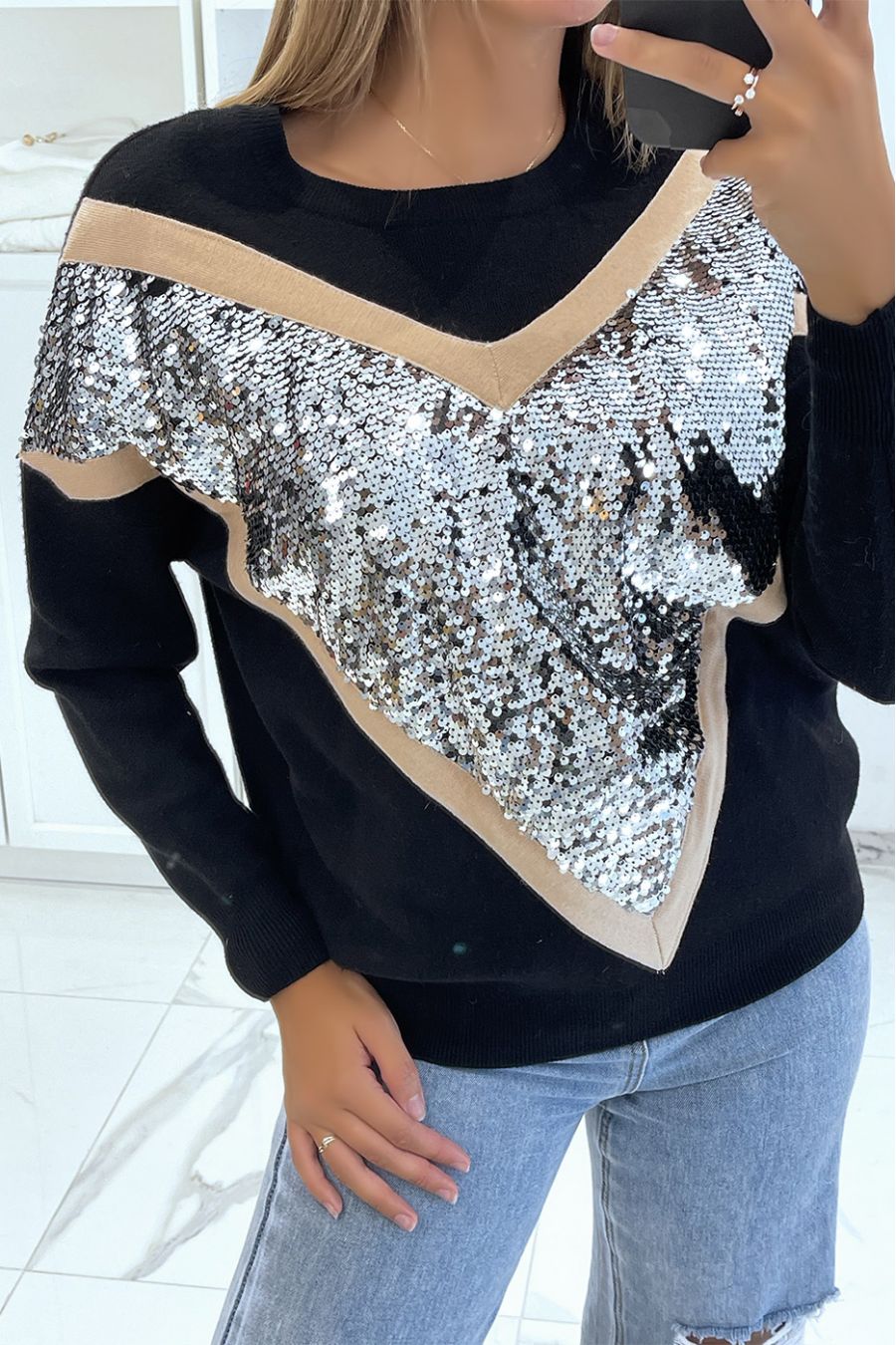Pull col V noir à bande V strass - 3