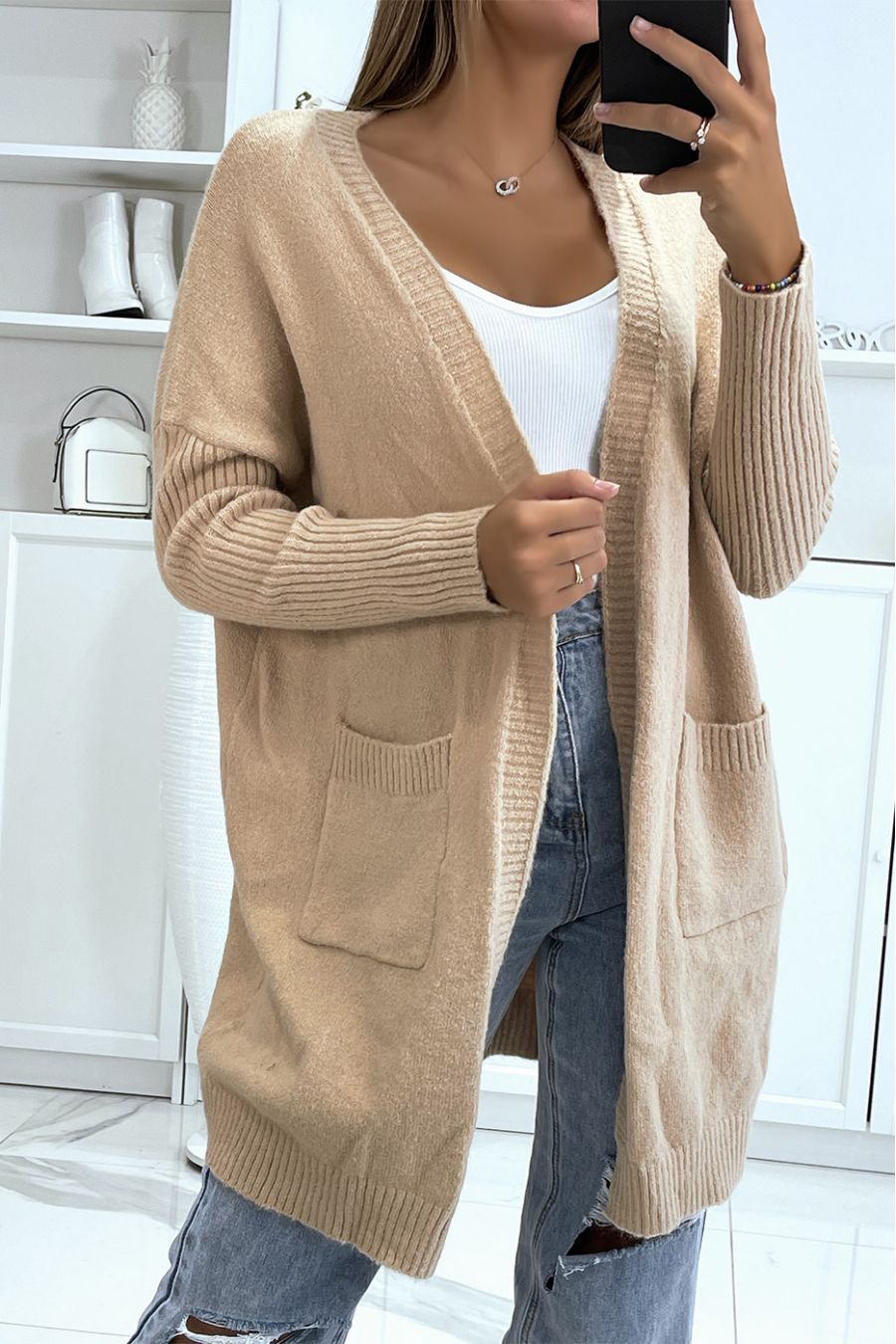Cheap beige mesh cardigan - 2