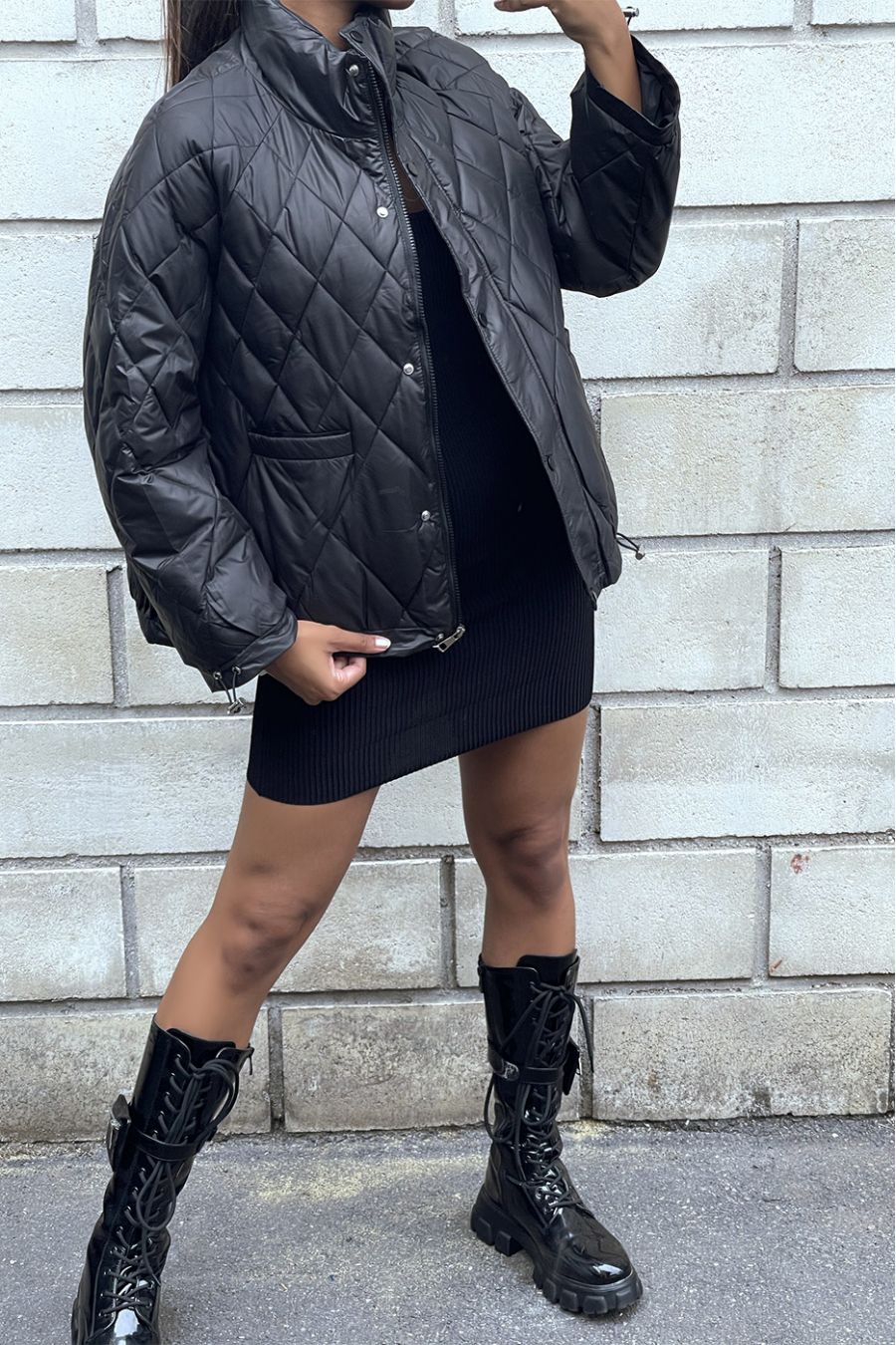 Very thick taupe down jacket in faux leather with hood - 1