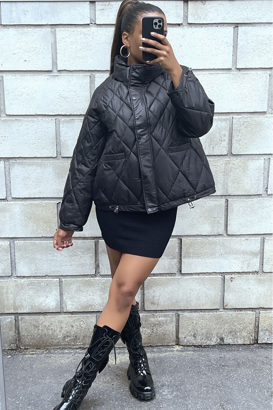 Very thick taupe down jacket in faux leather with hood - 4