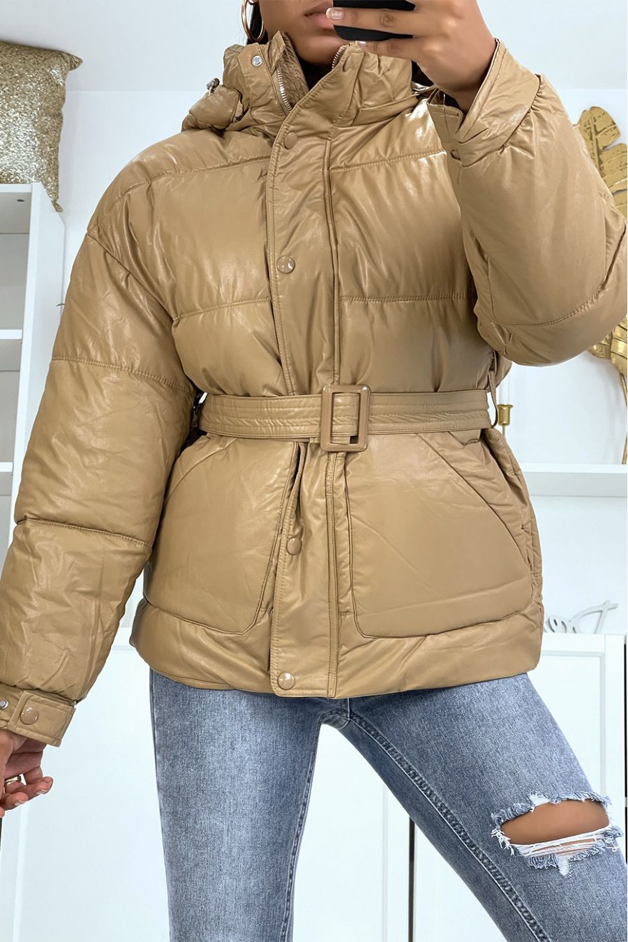 Warm and trendy matte black 3/4 length down jacket with pockets and thick hood - 2