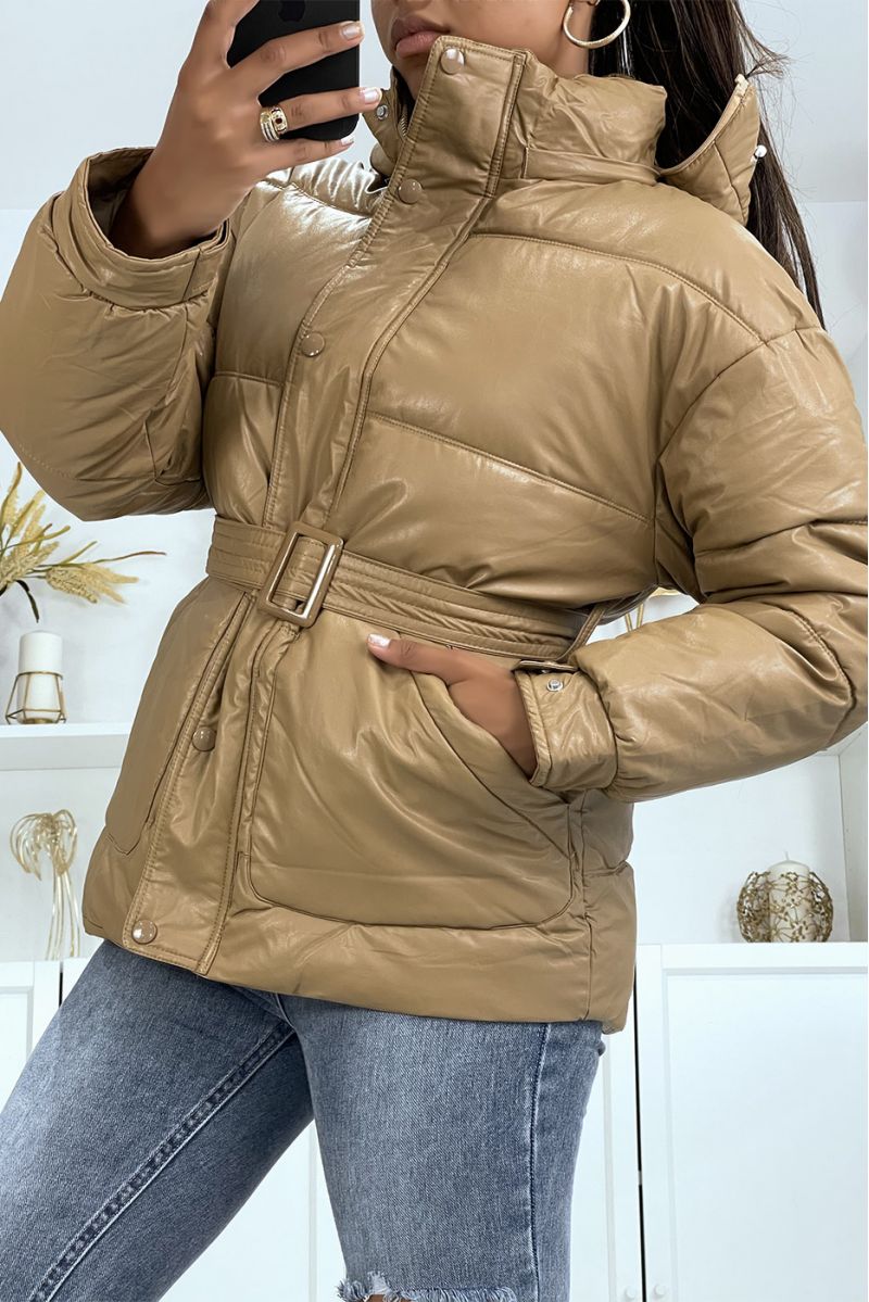 Warm en trendy matzwart driekwart donsjack met zakken en dikke capuchon - 3