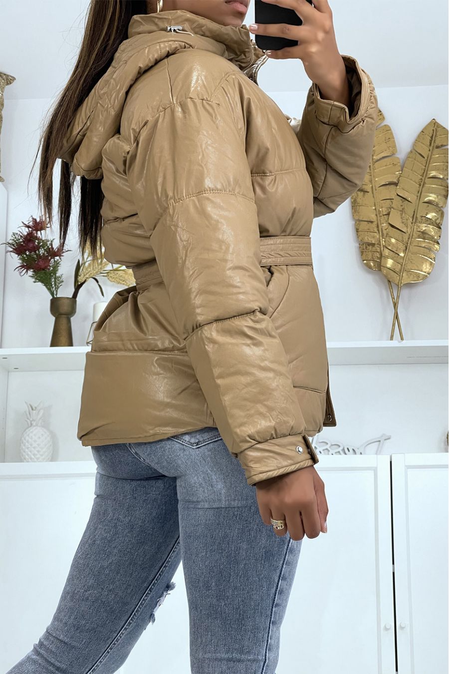 Warm and trendy matte black 3/4 length down jacket with pockets and thick hood - 4