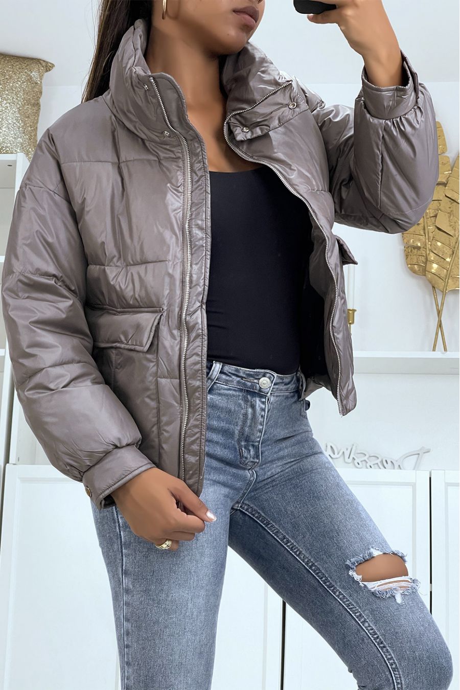 Warm and trendy matte black 3/4 length down jacket with pockets and thick hood - 1