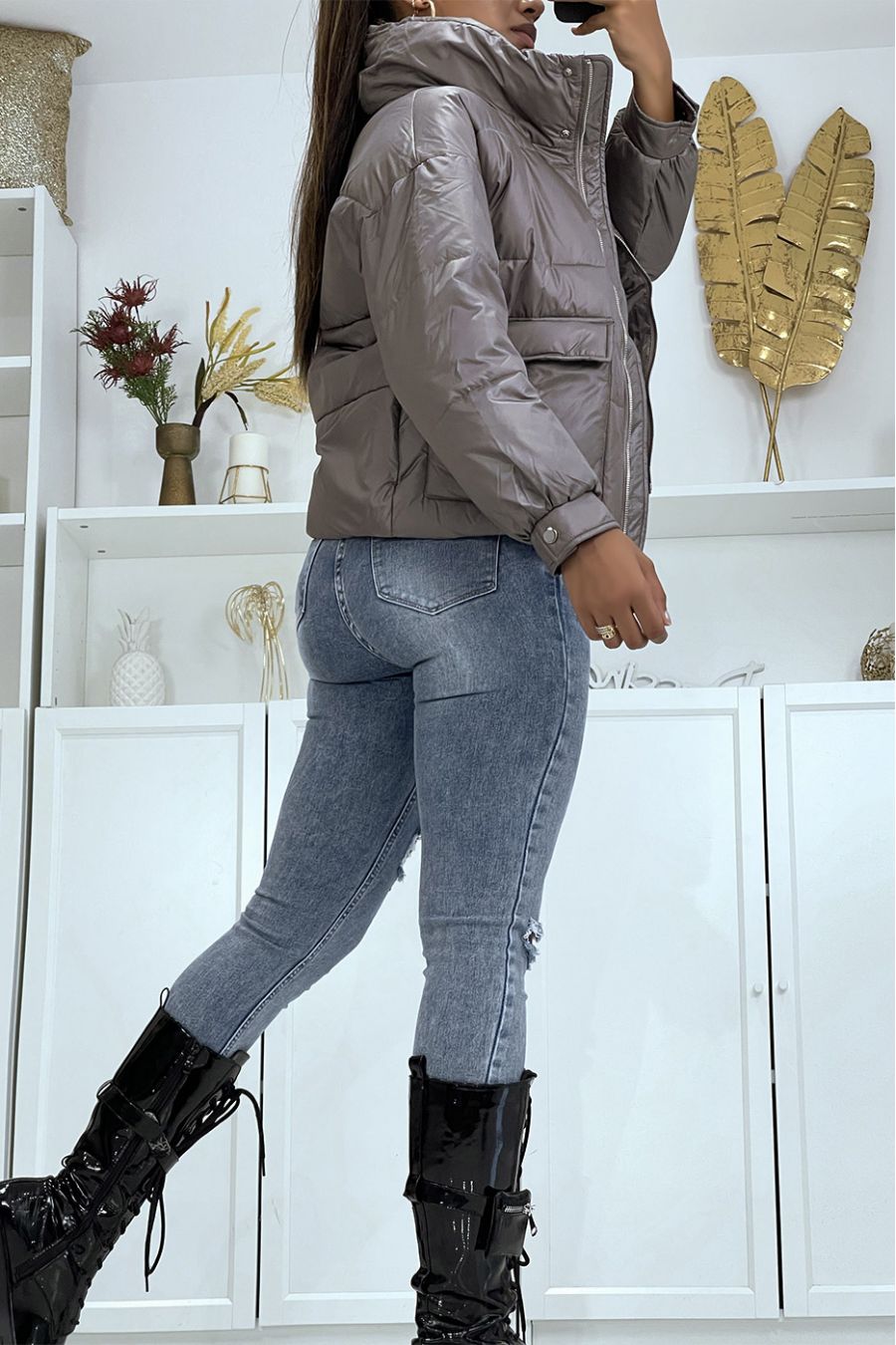 Warm and trendy matte black 3/4 length down jacket with pockets and thick hood - 3