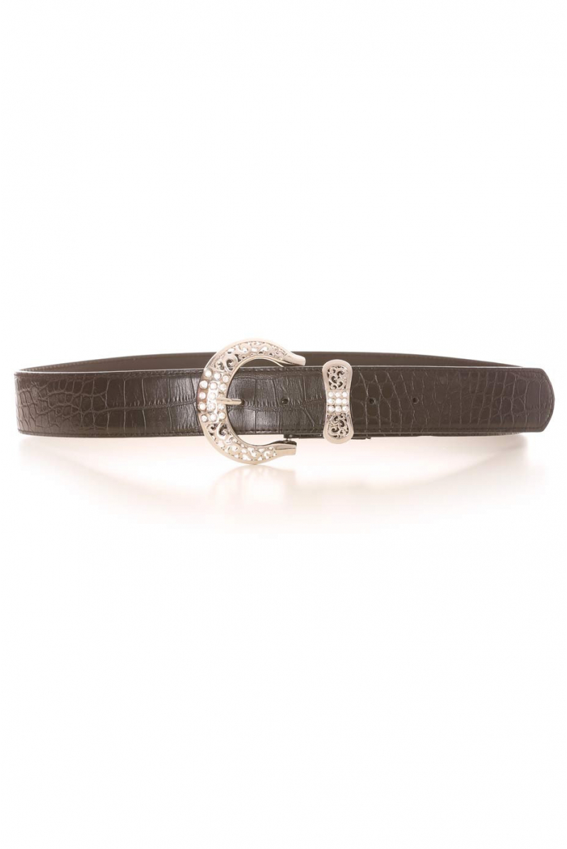 Black croc-effect belt with silver rhinestone buckle and bow-shaped loop. PVC accessory - 1