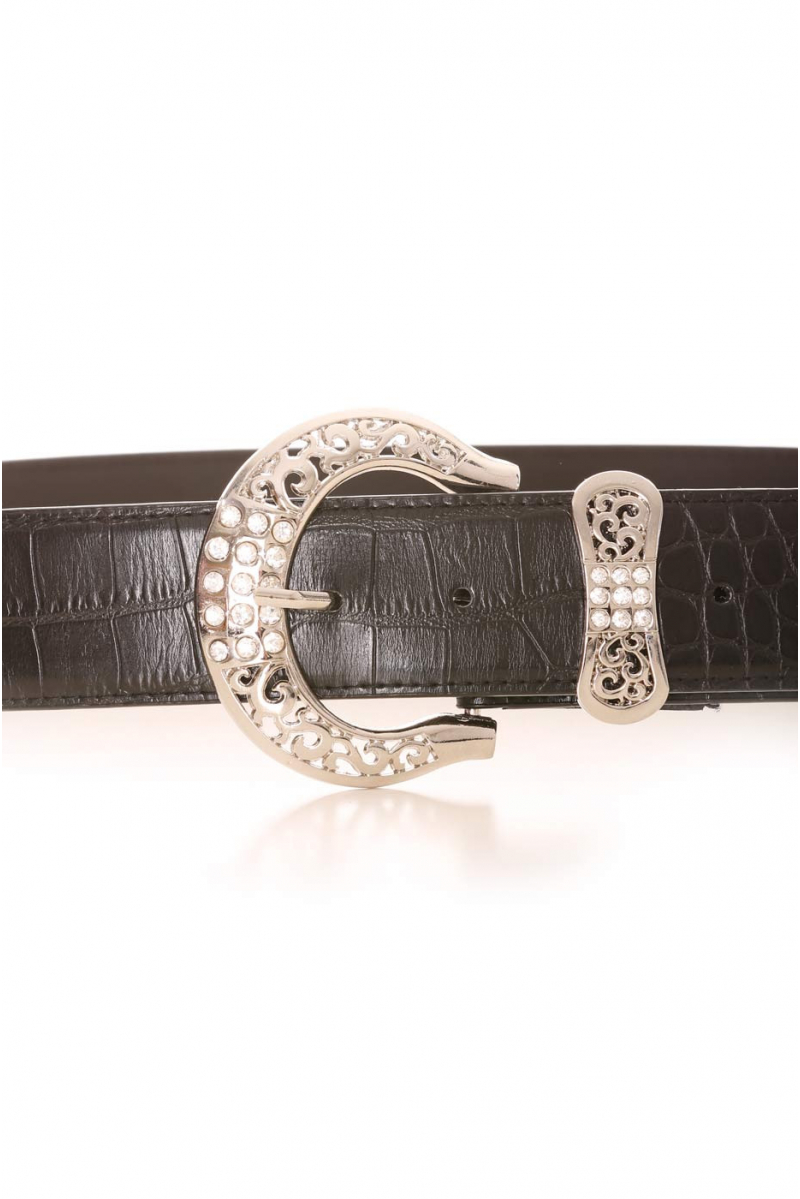 Black croc-effect belt with silver rhinestone buckle and bow-shaped loop. PVC accessory - 2