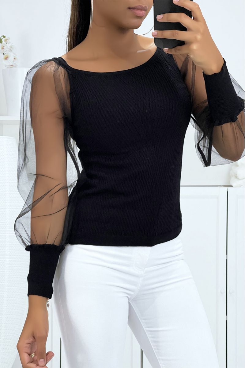 Black jacquard-effect boat neck sweater with puffed tulle sleeve - 3