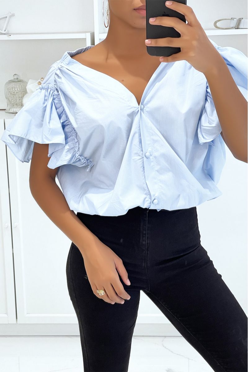 Blue shirt blouse buttoned at the front with ruffle at the sleeves and gathered at the shoulders - 2