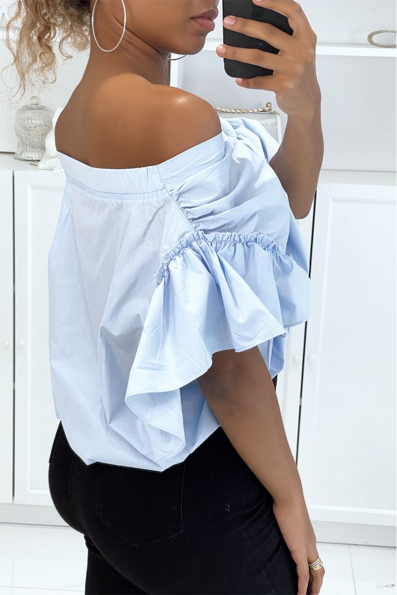 Blue shirt blouse buttoned at the front with ruffle at the sleeves and gathered at the shoulders - 3