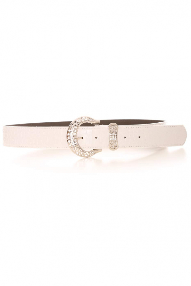 White croc-effect belt with silver rhinestone buckle and bow-shaped loop. PVC accessory - 1
