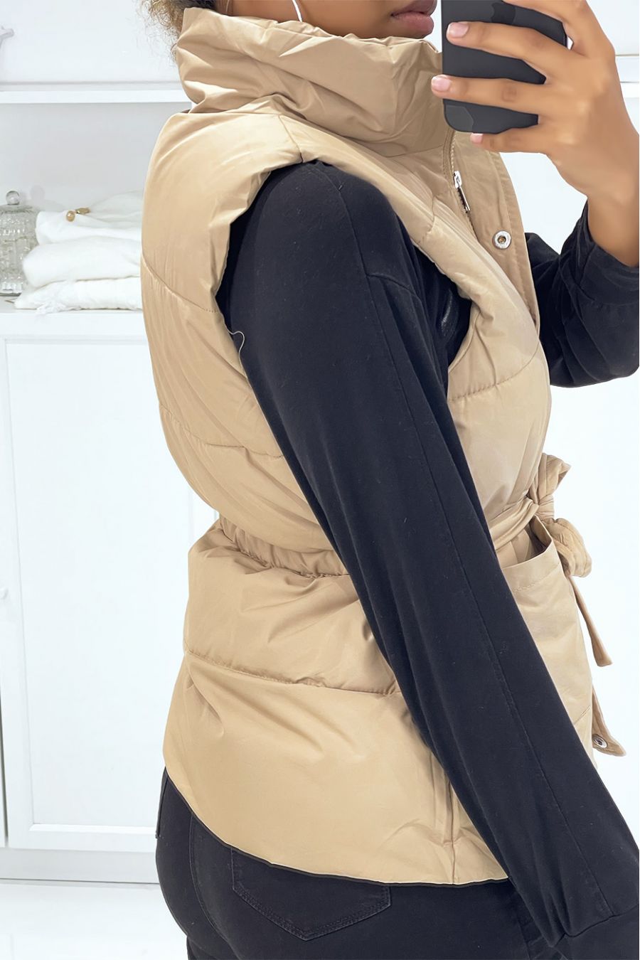 Taupe faux leather sleeveless padded jacket with press studs and tie belt - 1