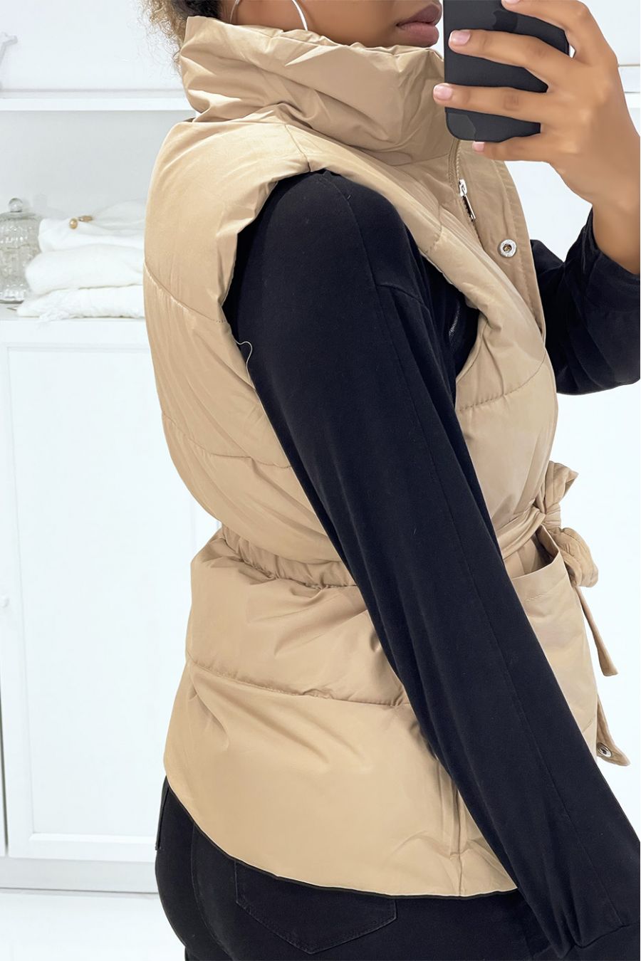 Taupe faux leather sleeveless padded jacket with press studs and tie belt - 2