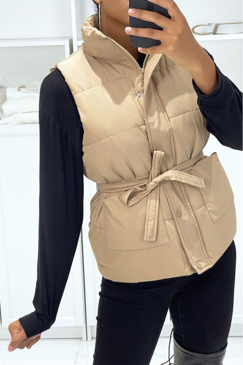 Taupe faux leather sleeveless padded jacket with press studs and tie belt - 5