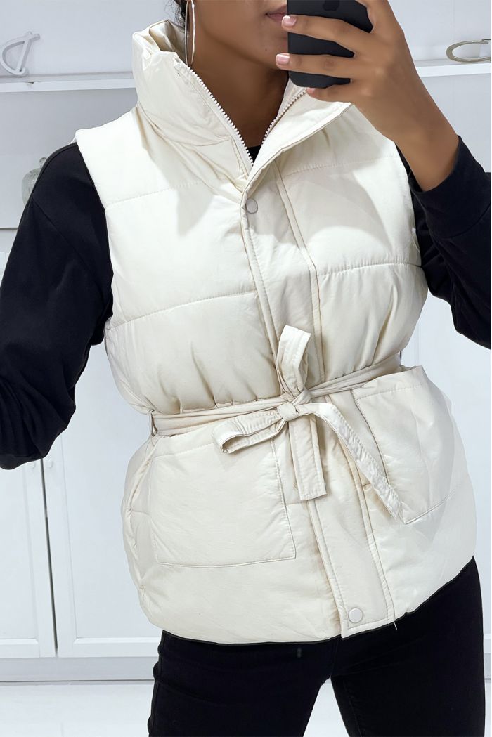 Taupe faux leather sleeveless padded jacket with press studs and tie belt