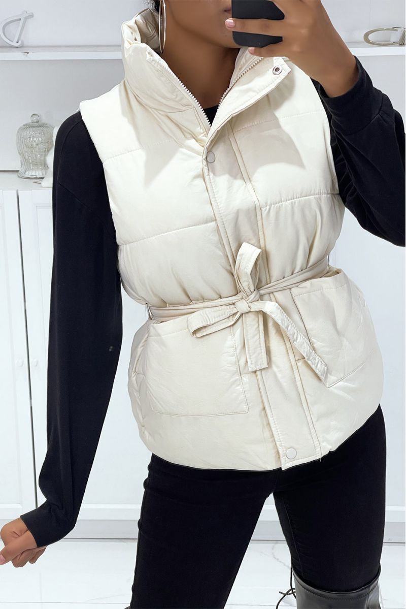 Taupe faux leather sleeveless padded jacket with press studs and tie belt - 3