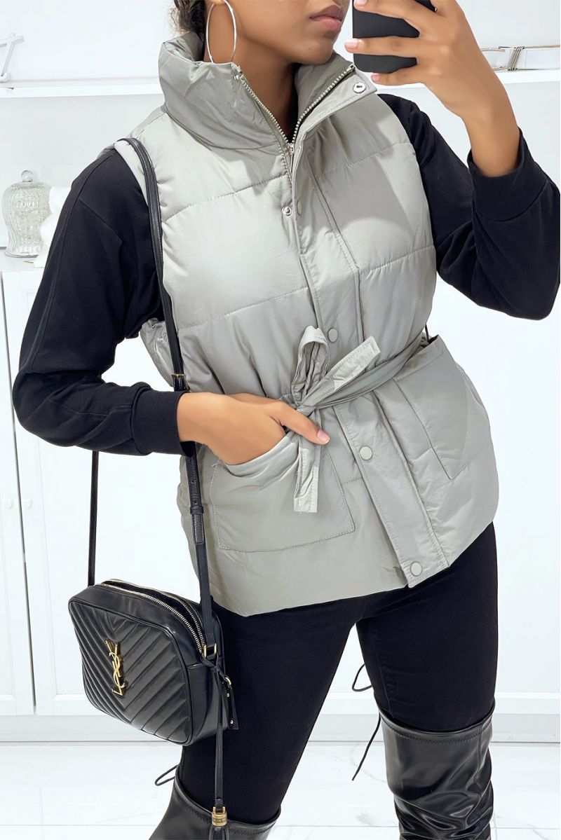 Taupe faux leather sleeveless padded jacket with press studs and tie belt - 1