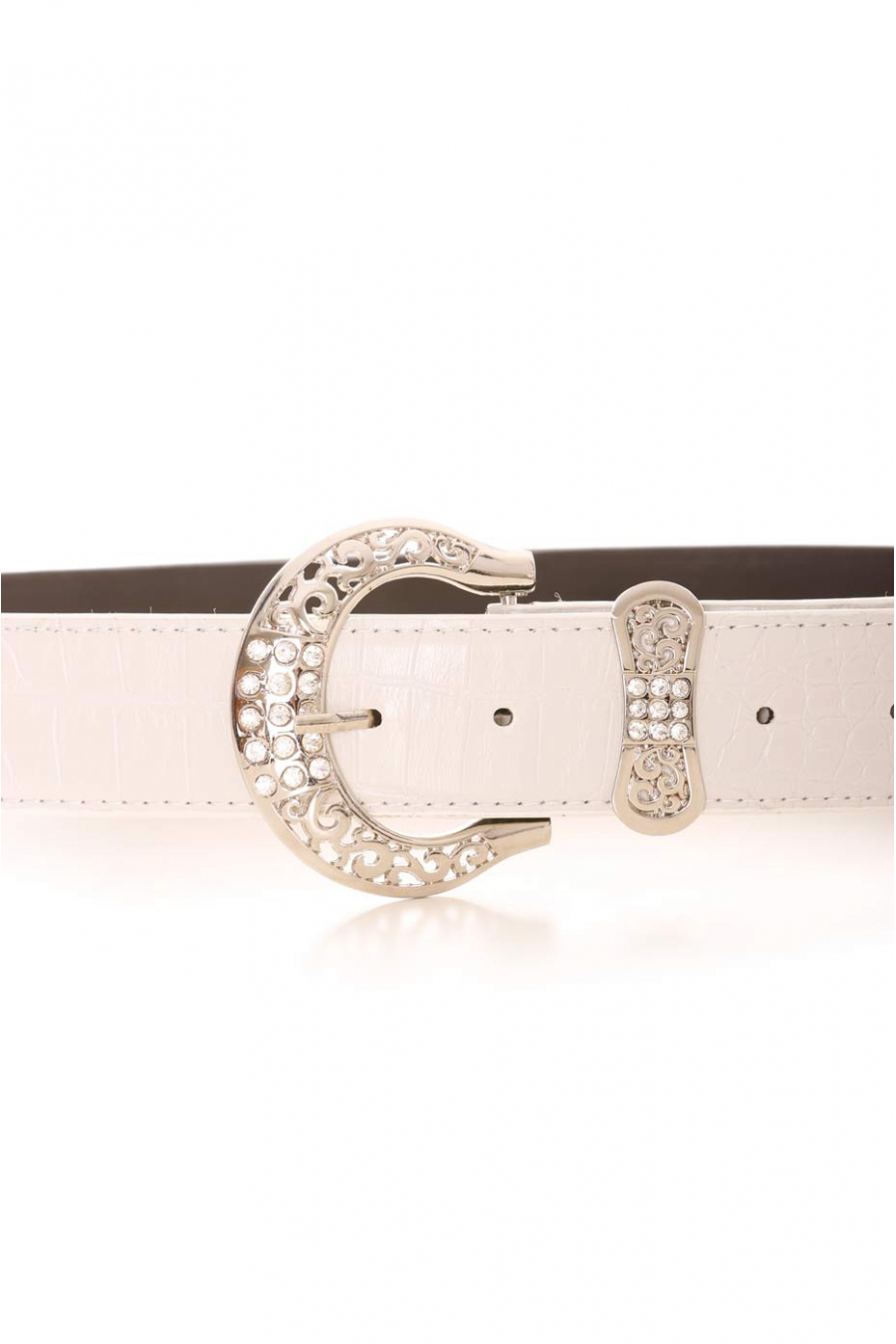 White croc-effect belt with silver rhinestone buckle and bow-shaped loop. PVC accessory - 2