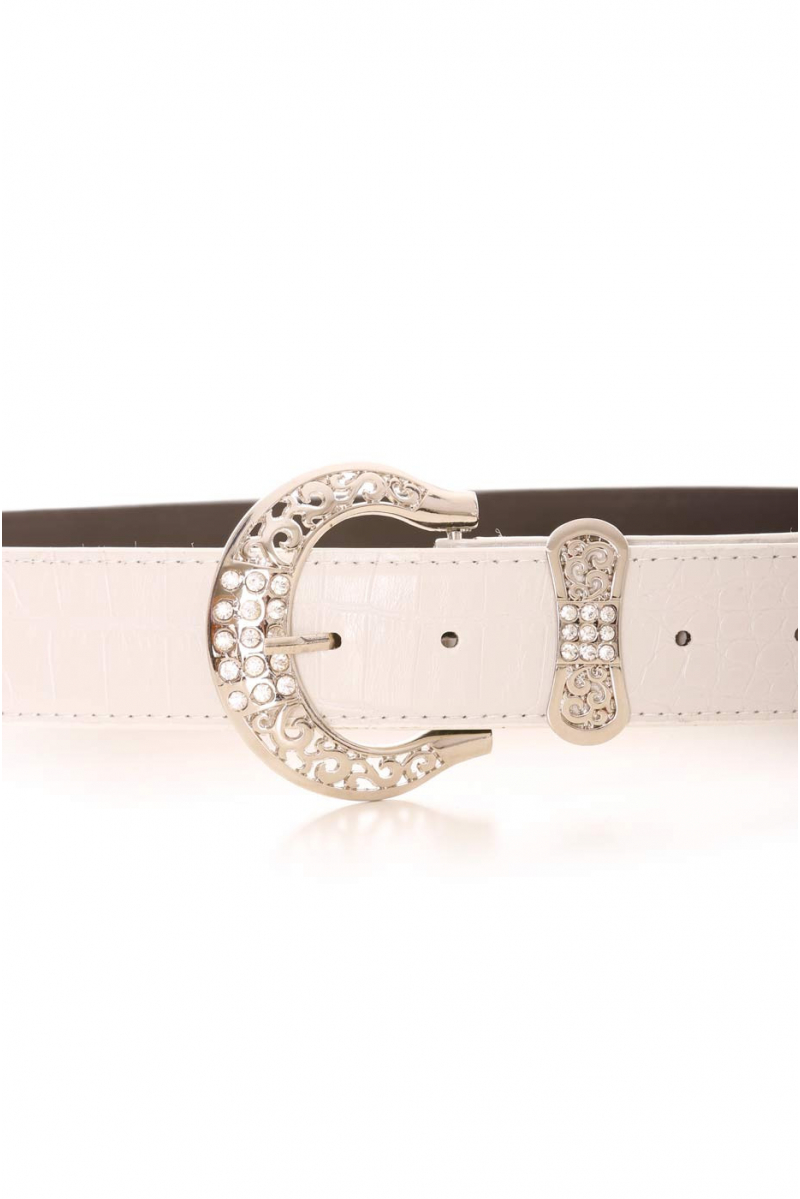 White croc-effect belt with silver rhinestone buckle and bow-shaped loop. PVC accessory - 2