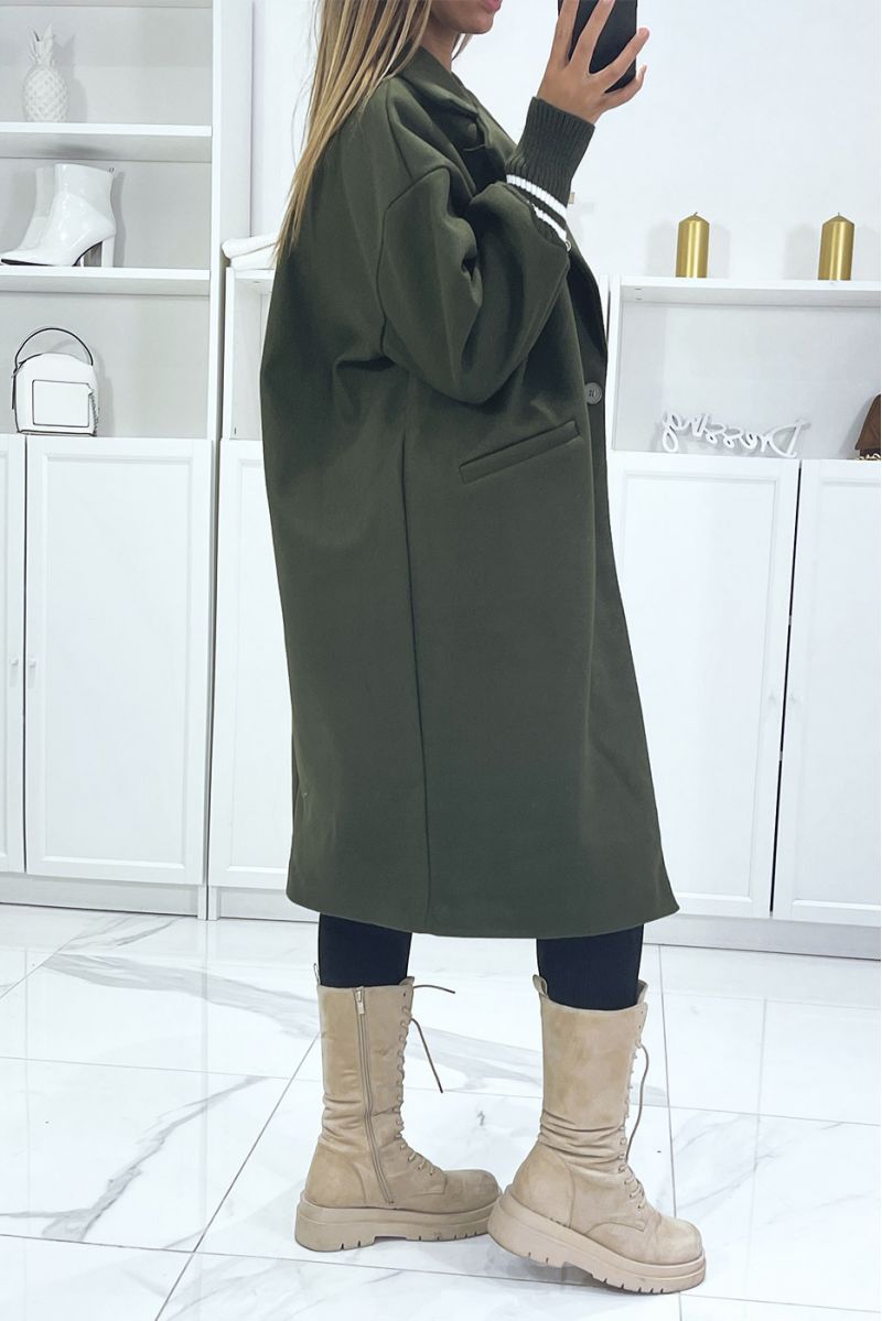 Long manteau over size doublé avec poches en kaki - 1